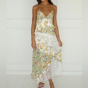 CHERLEY Floral Print Deep V Neck Lace Patchwork Maxi Dress